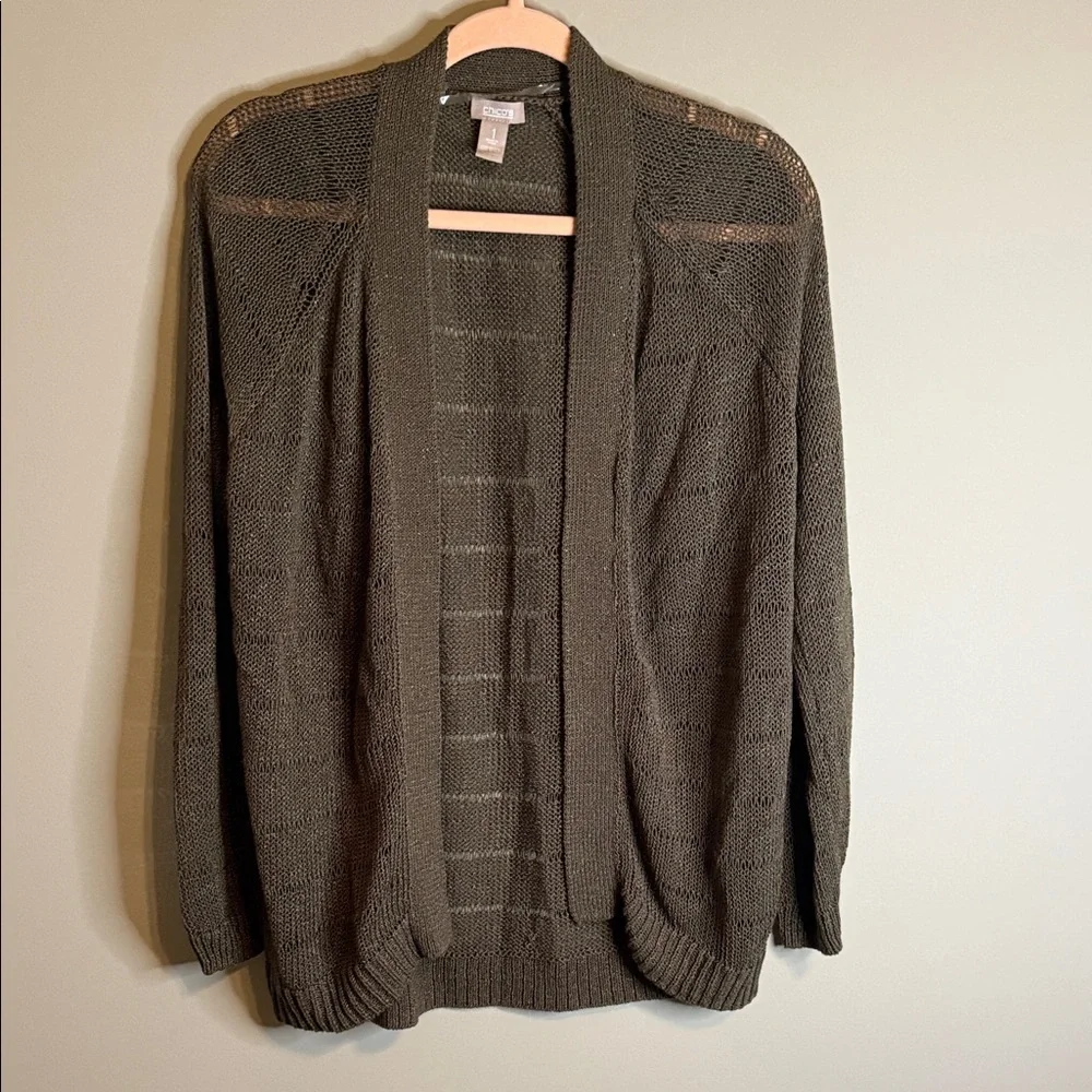 Chico's Olive Green Open Knit Cardigan Sweater 1 Coastal Grandmother Normcore - Picture 1 of 6